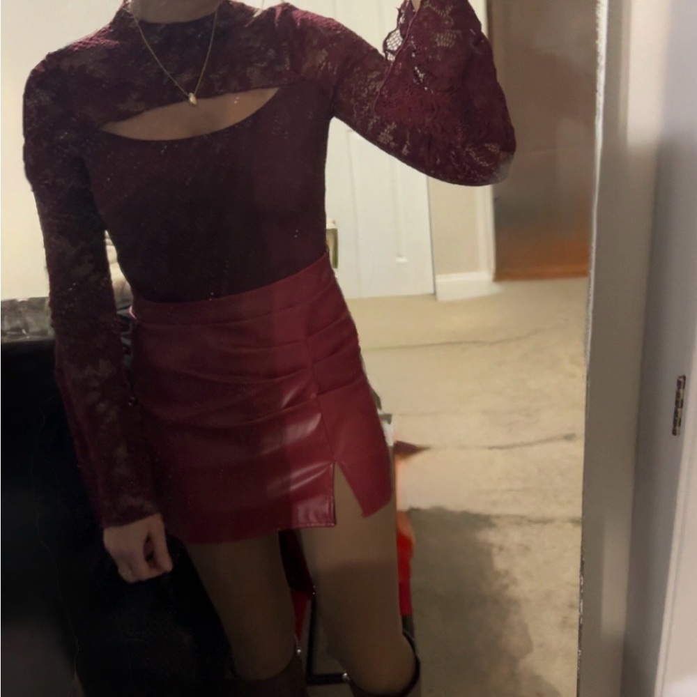 Burgundy Lace Cutout Top with Red Faux Leather Mini Skirt